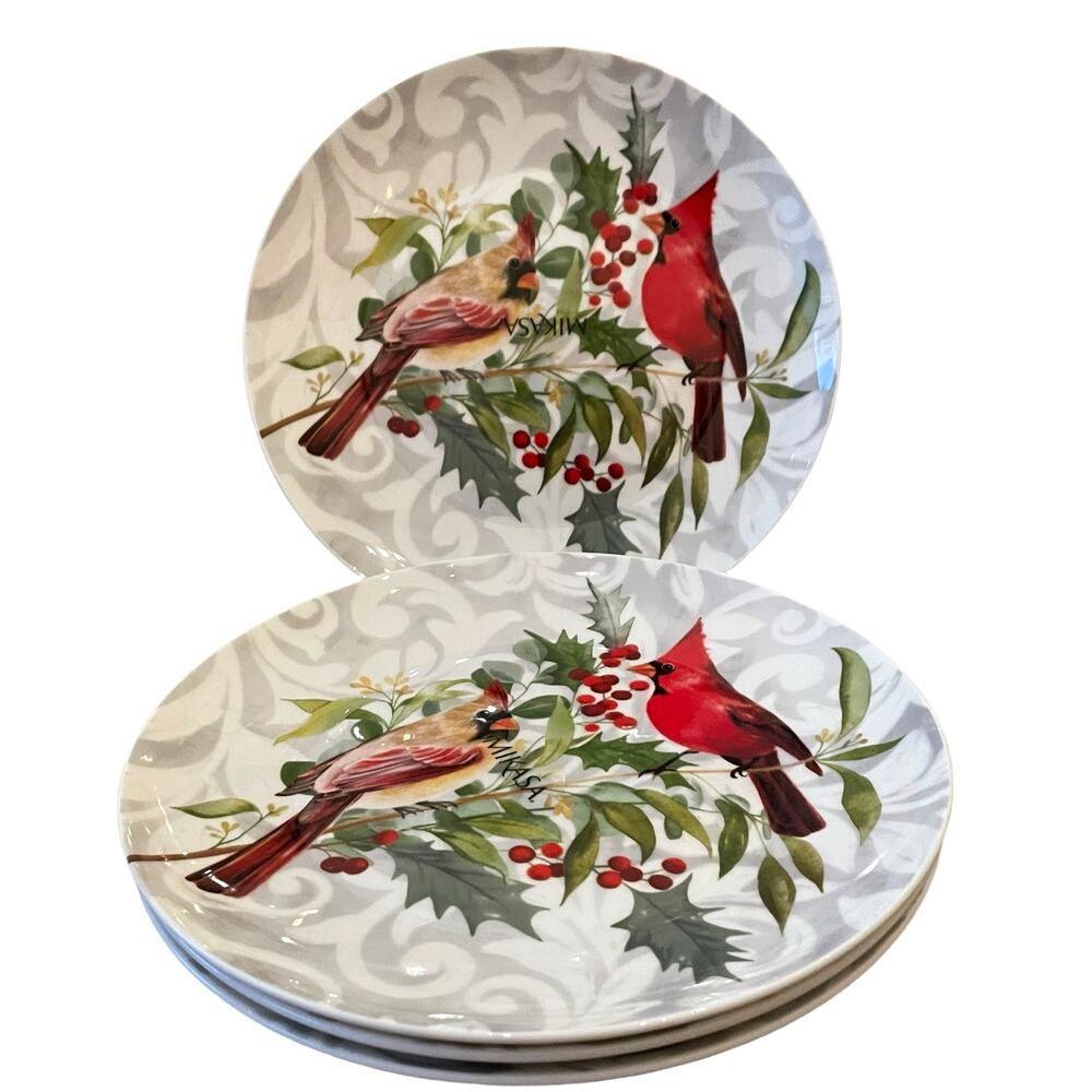 Mikasa Charming Cardinal Christmas Bone China Salad Plates 9in Set of 4 New
